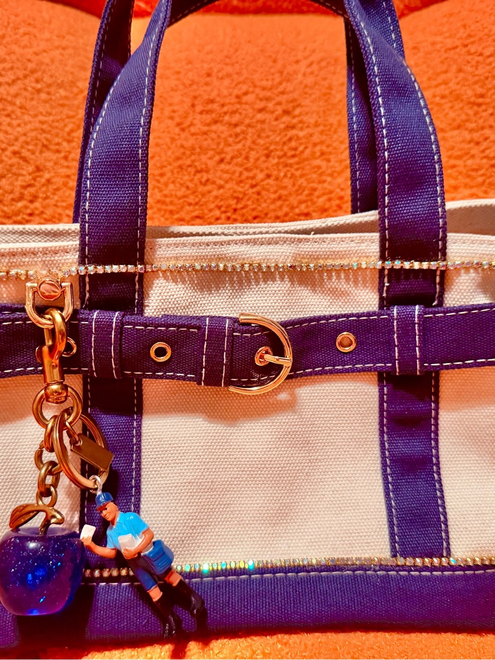 Canvas Mini Boat Tote in Blue and Cream Customized with Rhinestone and Charms